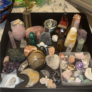 My entire crystal collection (Orgone Tower , Rose quartz eggs , mini crystals )